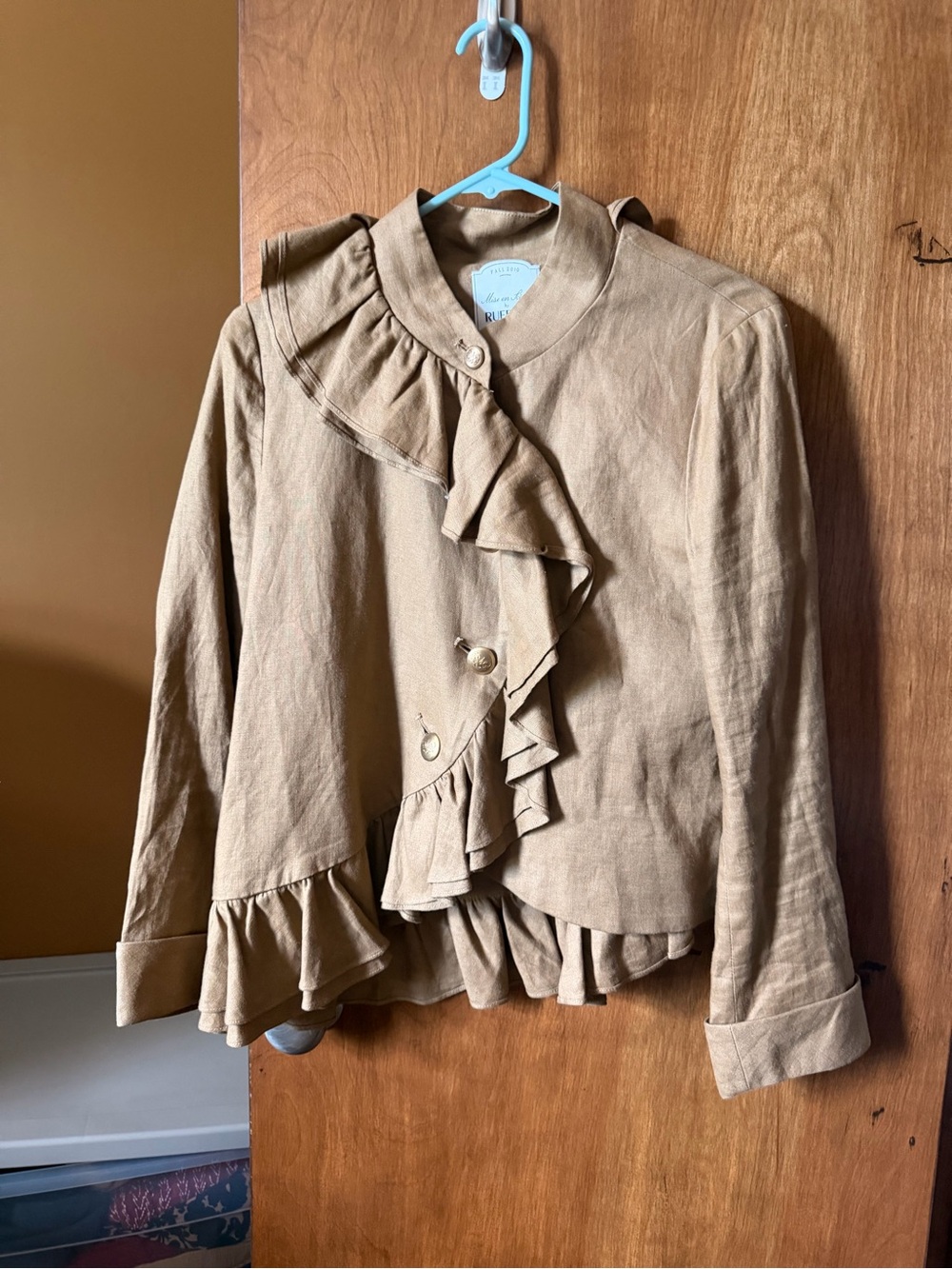 Ruffle-Front Linen-Blend Jacket in Camel